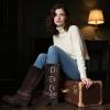 imageAMINUGAL Knee High Boots Women Square Toe Pull On Wide Calf Riding Fashion Buckles Chunky Metallic Casual Vintage Buckle RivetSredbrown