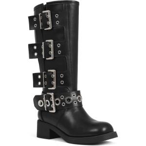 imageAMINUGAL Knee High Boots Women Square Toe Pull On Wide Calf Riding Fashion Buckles Chunky Metallic Casual Vintage Buckle RivetSblack