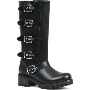 imageAMINUGAL Knee High Boots Women Square Toe Pull On Wide Calf Riding Fashion Buckles Chunky Metallic Casual Vintage Buckle RivetTblack