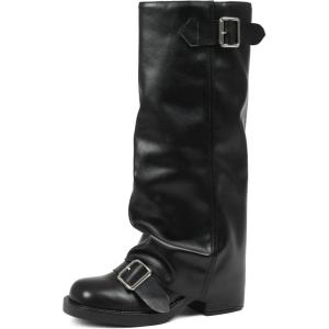imageAMINUGAL Fold Over Knee High Boots Women Chunky Block Heel Festival Trendy Casual Round Toe Buckle Tall Slouchy Boots for Women Motorcycle Riding Rave Club Pull on Y2K Long bootsBlack