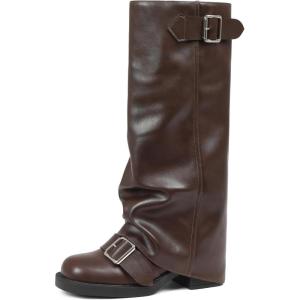 imageAMINUGAL Fold Over Knee High Boots Women Chunky Block Heel Festival Trendy Casual Round Toe Buckle Tall Slouchy Boots for Women Motorcycle Riding Rave Club Pull on Y2K Long bootsBrown