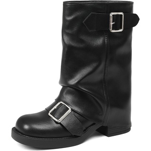 image:imageAMINUGAL Fold Over Mid Calf Boots for Women Festival Trendy Y2K Round Toe Slouchy Boots Buckle Moto Biker Short Boots Platform Chunky Block Heel Shark Ankle Boots Vintage Casual ClubPublack