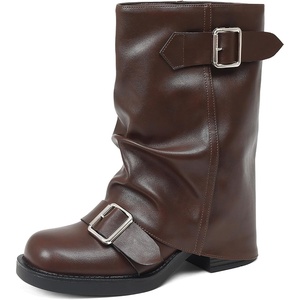 image:imageAMINUGAL Fold Over Mid Calf Boots for Women Festival Trendy Y2K Round Toe Slouchy Boots Buckle Moto Biker Short Boots Platform Chunky Block Heel Shark Ankle Boots Vintage Casual ClubPubrown