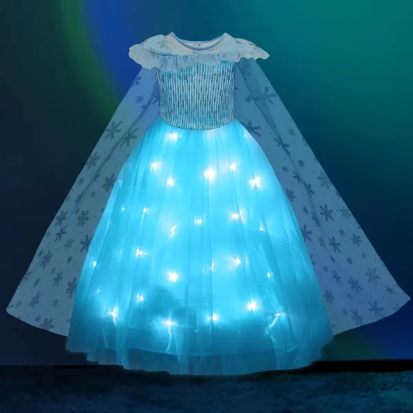 Magical Girls Princess Dress with Cape LED Light Up Costume Halloween Christmas Dressing Up Clothes for Little GirlsFreeze Blue