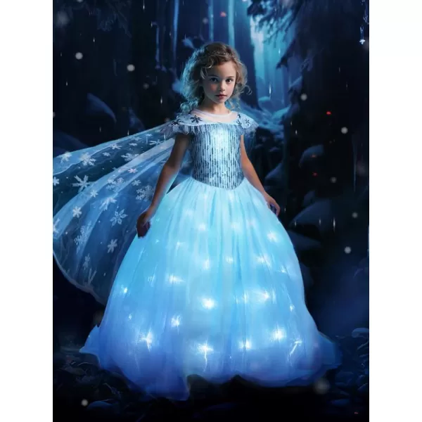 Magical Girls Princess Dress with Cape LED Light Up Costume Halloween Christmas Dressing Up Clothes for Little GirlsFreeze Blue