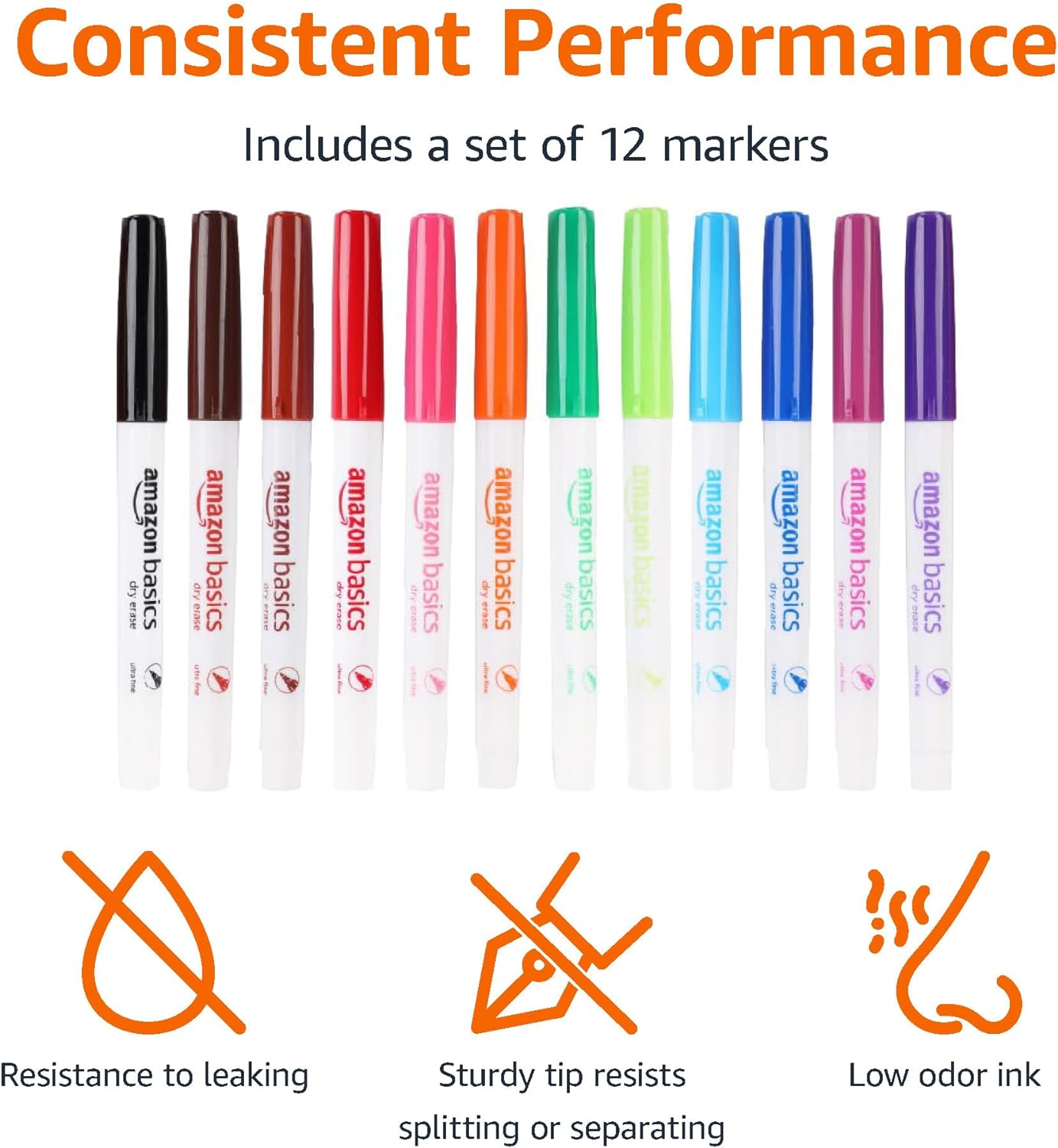 Amazon Basics Low Odor Ultra Fine Tip Dry Erase White Board Markers  Assorted Colors 12 PackAssorted