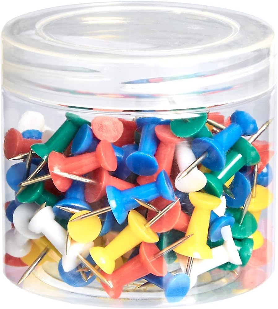 Amazon Basics Push Pins Tacks Assorted Colors Steel Point 100PackAssorted