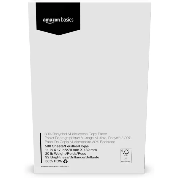 Amazon Basics  30 Recycled Multipurpose Copy Printer Paper 5 Reams 2500 Count 5 Packs of 500 11 x 17 White11 x 17 x 2