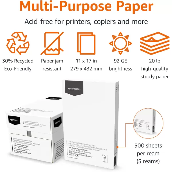 Amazon Basics  30 Recycled Multipurpose Copy Printer Paper 5 Reams 2500 Count 5 Packs of 500 11 x 17 White11 x 17 x 2