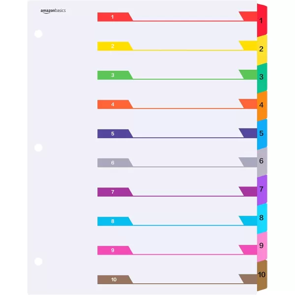 Amazon Basics 12 Tab Monthly Dividers for 3 Ring Binder Customizable Table of Contents Page Multicolor 10Pack10Tab