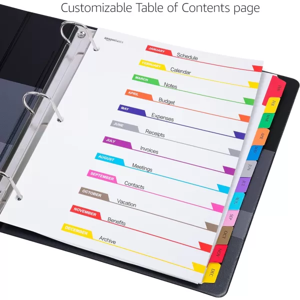 Amazon Basics 12 Tab Monthly Dividers for 3 Ring Binder Customizable Table of Contents Page Multicolor 10Pack12Tab