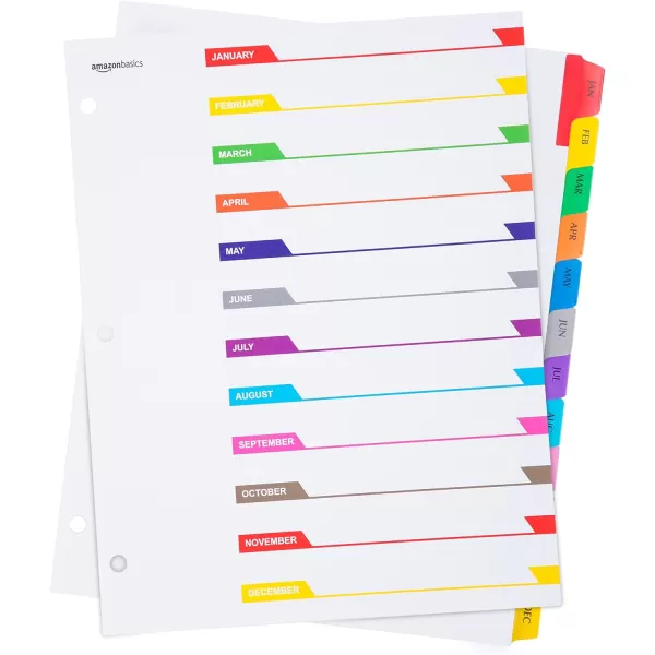 Amazon Basics 12 Tab Monthly Dividers for 3 Ring Binder Customizable Table of Contents Page Multicolor 10Pack12Tab