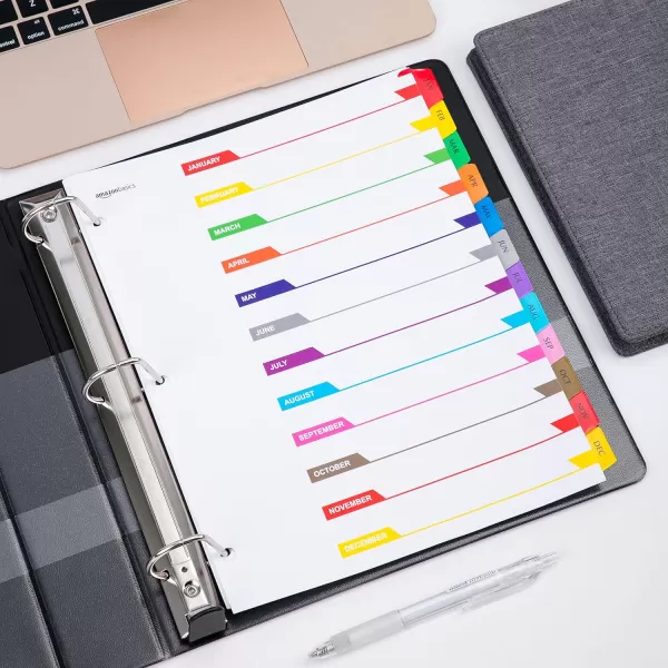 Amazon Basics 12 Tab Monthly Dividers for 3 Ring Binder Customizable Table of Contents Page Multicolor 10Pack12Tab