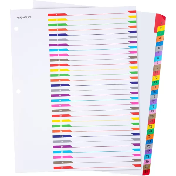 Amazon Basics 12 Tab Monthly Dividers for 3 Ring Binder Customizable Table of Contents Page Multicolor 10Pack31Tab