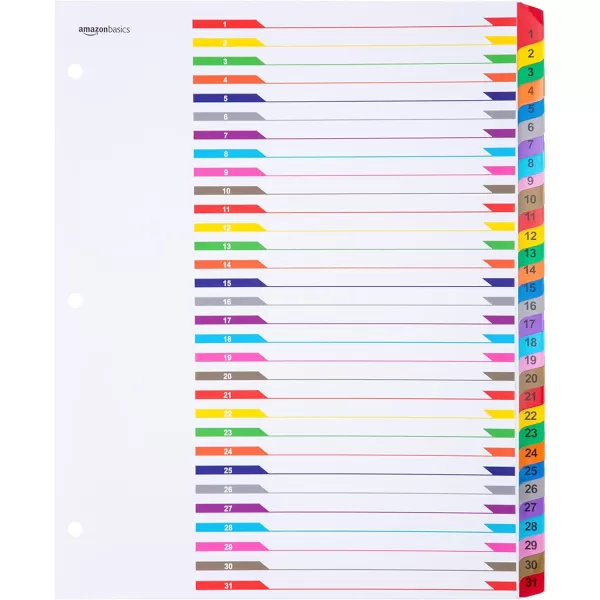 Amazon Basics 12 Tab Monthly Dividers for 3 Ring Binder Customizable Table of Contents Page Multicolor 10Pack31Tab