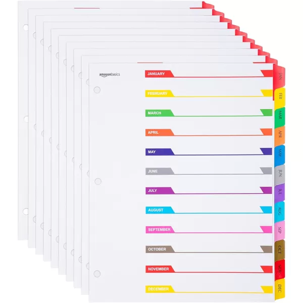 Amazon Basics 12 Tab Monthly Dividers for 3 Ring Binder Customizable Table of Contents Page Multicolor 10PackAZ Tabs