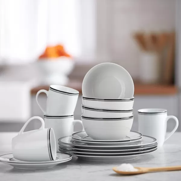 Amazon Basics 16Piece Cafe Stripe Kitchen Dinnerware Set Plates Bowls Mugs Service for 4 BlueBlack