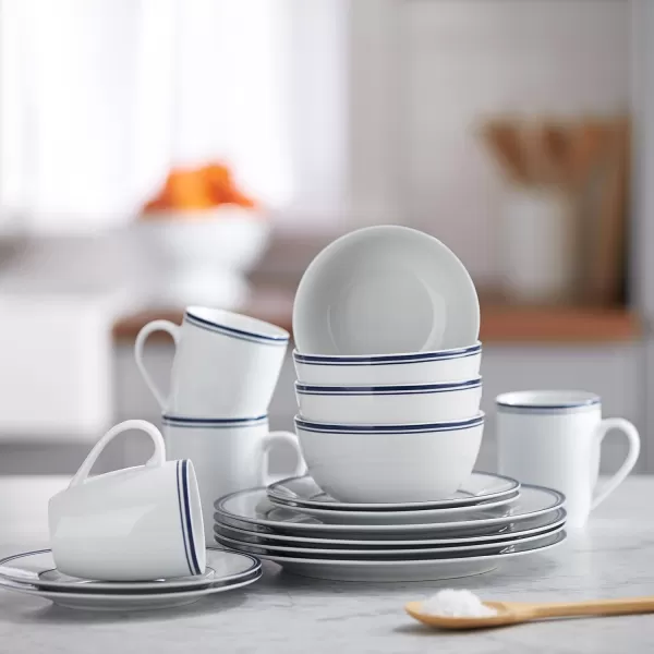 Amazon Basics 16Piece Cafe Stripe Kitchen Dinnerware Set Plates Bowls Mugs Service for 4 BlueBlue