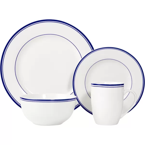 Amazon Basics 16Piece Cafe Stripe Kitchen Dinnerware Set Plates Bowls Mugs Service for 4 BlueBlue