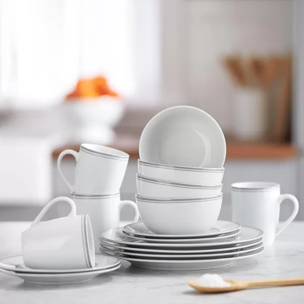 Amazon Basics 16Piece Cafe Stripe Kitchen Dinnerware Set Plates Bowls Mugs Service for 4 BlueGray