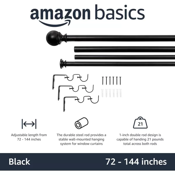 Amazon Basics 1Inch Curtain Rod with Round Finials 1Pack 36 to 72 BlackBlack