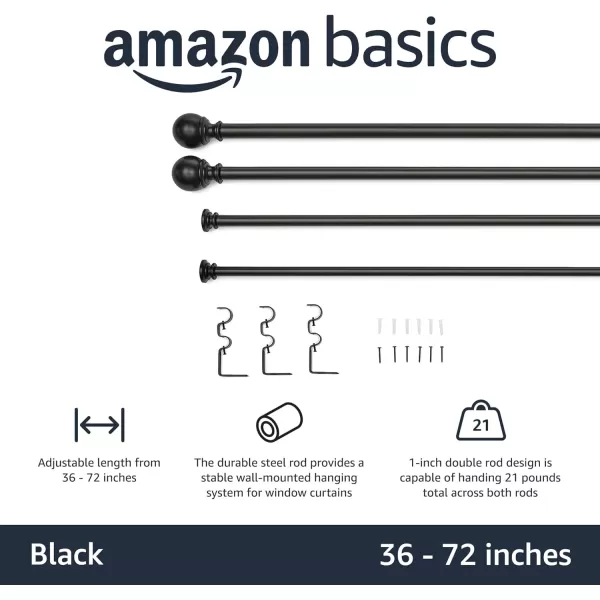 Amazon Basics 1Inch Curtain Rod with Round Finials 1Pack 36 to 72 BlackBlack