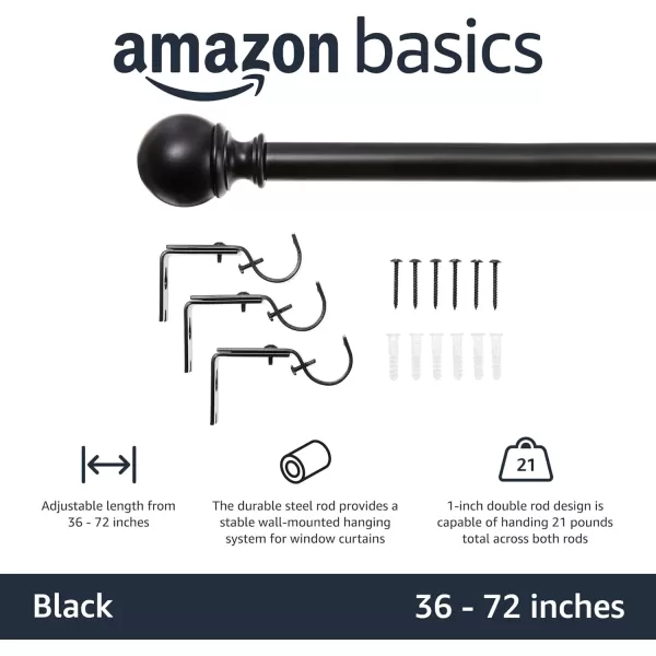Amazon Basics 1Inch Curtain Rod with Round Finials 1Pack 36 to 72 BlackBlack