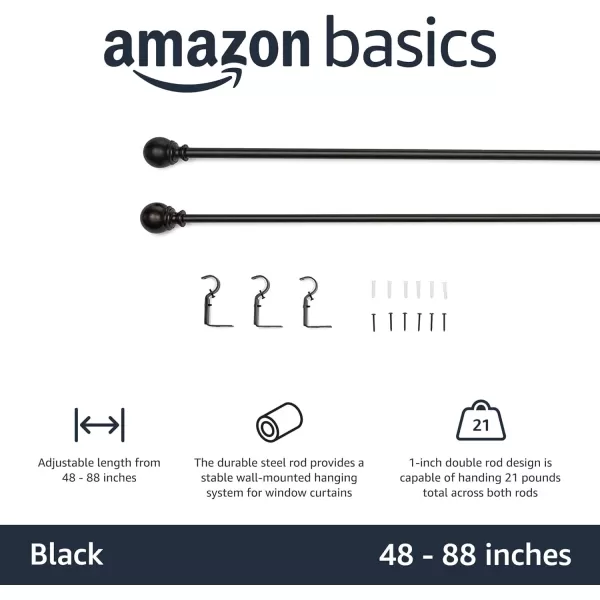 Amazon Basics 1Inch Curtain Rod with Round Finials 1Pack 36 to 72 BlackBlack