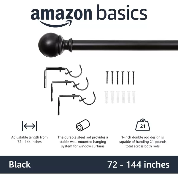 Amazon Basics 1Inch Curtain Rod with Round Finials 1Pack 36 to 72 BlackBlack