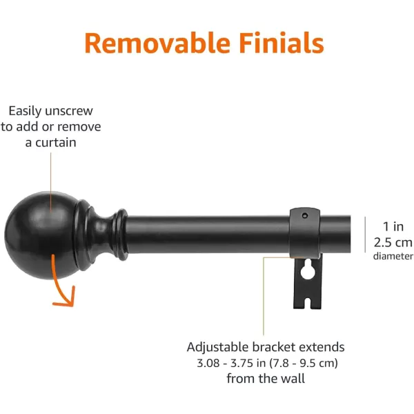 Amazon Basics 1Inch Curtain Rod with Round Finials 1Pack 36 to 72 BlackBlack