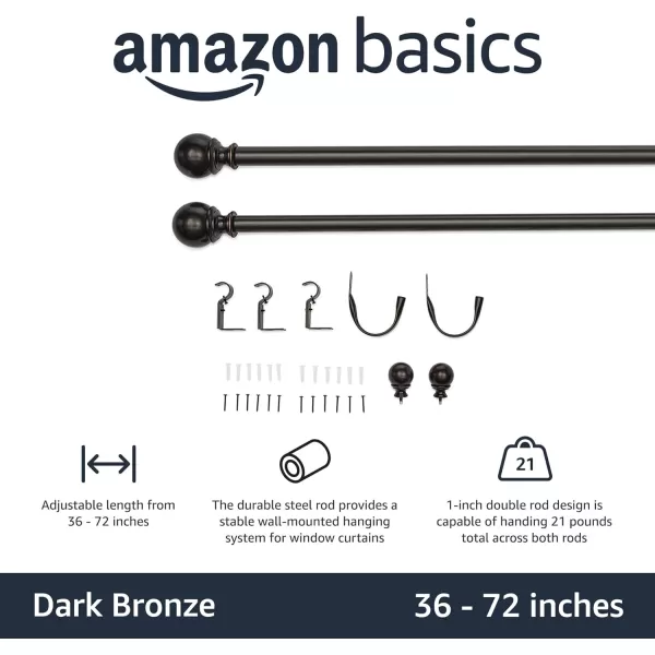 Amazon Basics 1Inch Curtain Rod with Round Finials 1Pack 36 to 72 BlackBronze