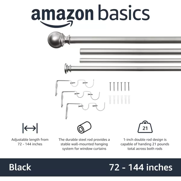 Amazon Basics 1Inch Curtain Rod with Round Finials 1Pack 36 to 72 BlackNickel
