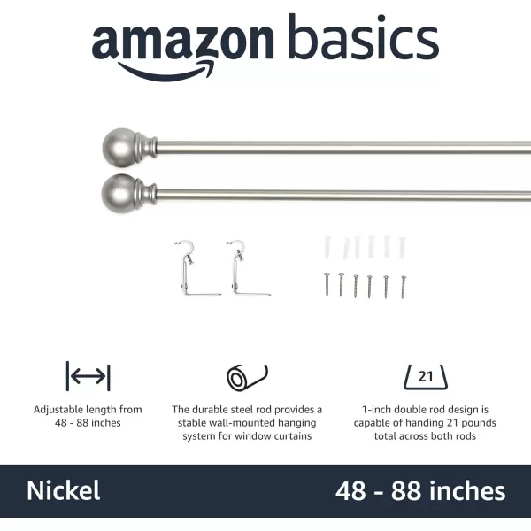 Amazon Basics 1Inch Curtain Rod with Round Finials 1Pack 36 to 72 BlackNickel