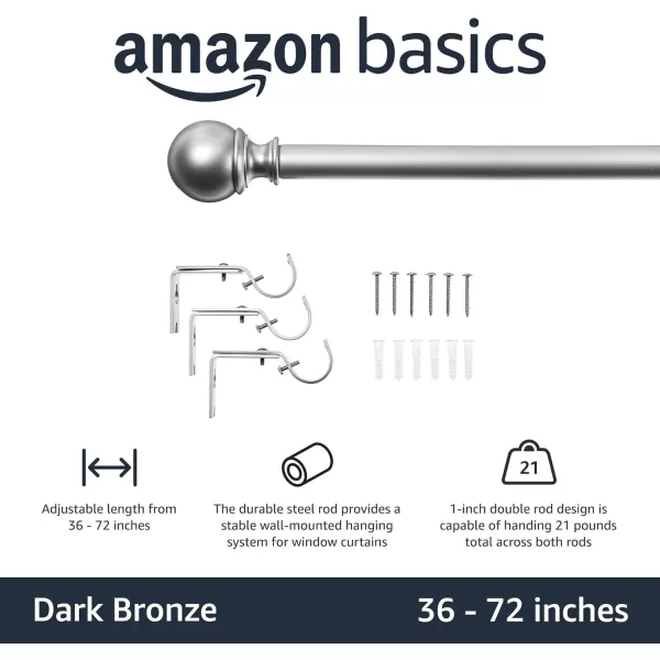 Amazon Basics 1Inch Curtain Rod with Round Finials 1Pack 36 to 72 BlackNickel