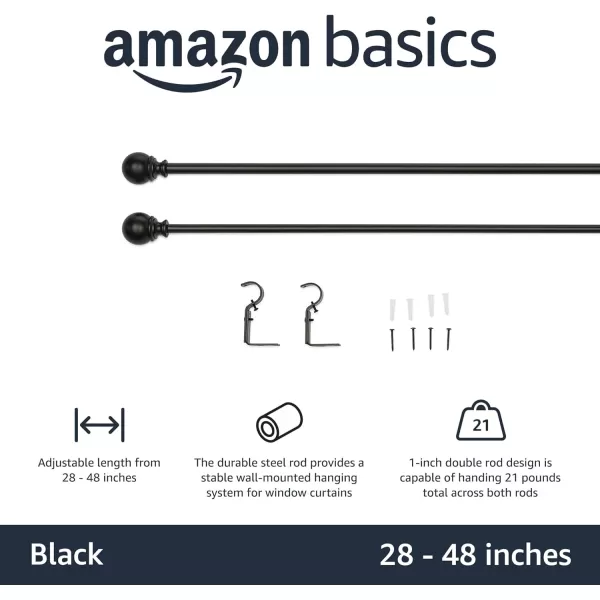 Amazon Basics 1Inch Curtain Rod with Round Finials 1Pack 36 to 72 NickelBlack