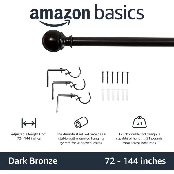 Amazon Basics 1Inch Curtain Rod with Round Finials 1Pack 36 to 72 NickelBronze