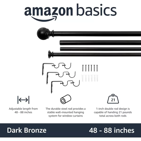 Amazon Basics 1Inch Curtain Rod with Round Finials 1Pack 36 to 72 NickelBronze