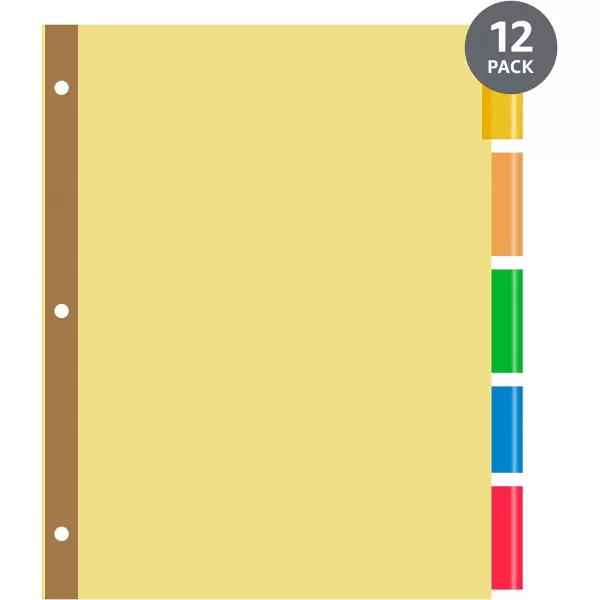 Amazon Basics 3 Ring Paper Binder Dividers With 5 Insertable Multicolor Plastic Tabs 60 Count Pack of 12 WoodWood