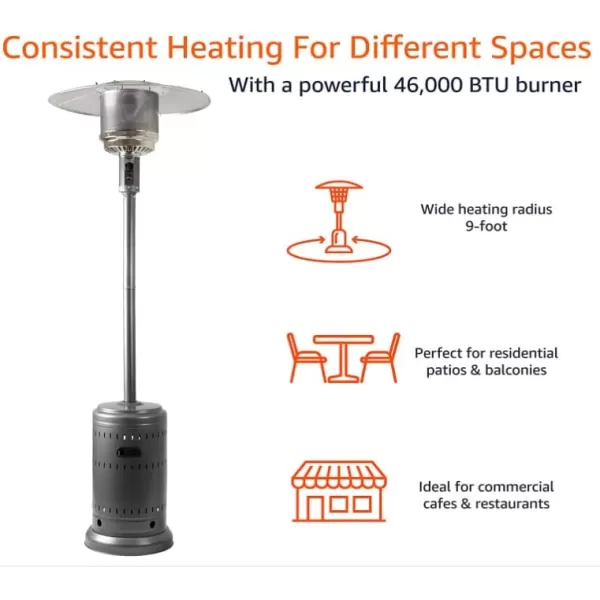 Amazon Basics 46000 BTU Outdoor Propane Patio Heater with Wheels Commercial  Residential Large BlackStainless SteelSlate Gray