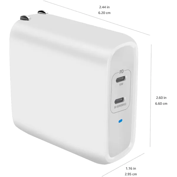 Amazon Basics 68W TwoPort GaN Wall Charger with 1 USBC 60W  1 USBA Ports 18W with PD for Laptops Tablets  Phones iPhone 1514131211XiPadMacPro Samsung  more nonPPS BlackWhite