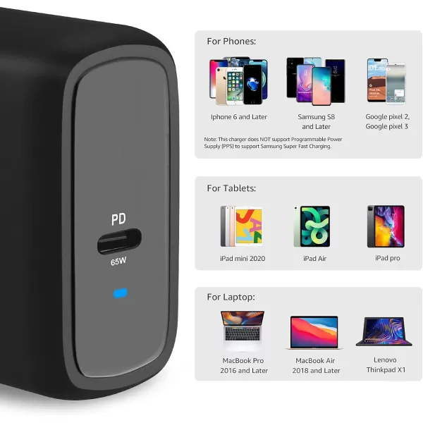 Amazon Basics 68W TwoPort GaN Wall Charger with 1 USBC 60W  1 USBA Ports 18W with PD for Laptops Tablets  Phones iPhone 1514131211XiPadMacPro Samsung  more nonPPS BlackBlack