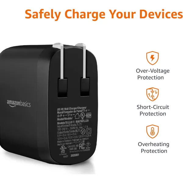 Amazon Basics 68W TwoPort GaN Wall Charger with 1 USBC 60W  1 USBA Ports 18W with PD for Laptops Tablets  Phones iPhone 1514131211XiPadMacPro Samsung  more nonPPS BlackBlack