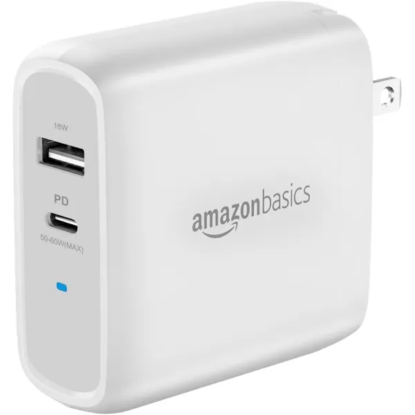 Amazon Basics 68W TwoPort GaN Wall Charger with 1 USBC 60W  1 USBA Ports 18W with PD for Laptops Tablets  Phones iPhone 1514131211XiPadMacPro Samsung  more nonPPS BlackWhite