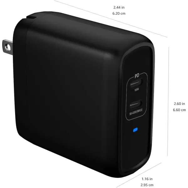 Amazon Basics 68W TwoPort GaN Wall Charger with 1 USBC 60W  1 USBA Ports 18W with PD for Laptops Tablets  Phones iPhone 1514131211XiPadMacPro Samsung  more nonPPS BlackBlack