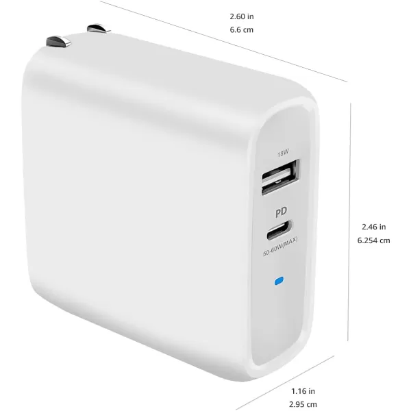 Amazon Basics 68W TwoPort GaN Wall Charger with 1 USBC 60W  1 USBA Ports 18W with PD for Laptops Tablets  Phones iPhone 1514131211XiPadMacPro Samsung  more nonPPS BlackWhite