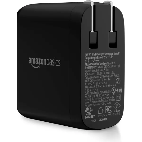 Amazon Basics 68W TwoPort GaN Wall Charger with 1 USBC 60W  1 USBA Ports 18W with PD for Laptops Tablets  Phones iPhone 1514131211XiPadMacPro Samsung  more nonPPS BlackBlack