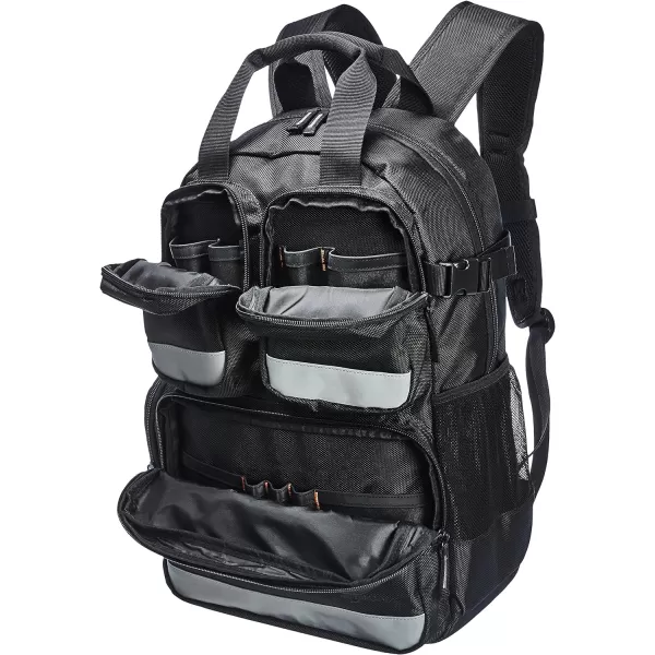 Amazon Basics Durable Padded Tool Bag Backpack Black  23 Pocket with 3 Pocket Front23Pocket with 3Pocket Front