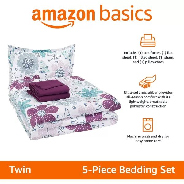 Amazon Basics Kids Easy Care Microfiber BedinaBag 7Piece Bedding Set FullQueen Purple Unicorns Solid  PrintedPurple Flowers