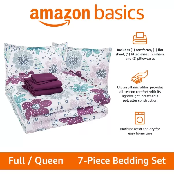 Amazon Basics Kids Easy Care Microfiber BedinaBag 7Piece Bedding Set FullQueen Purple Unicorns Solid  PrintedPurple Flowers