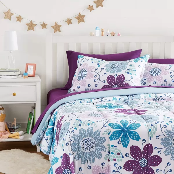 Amazon Basics Kids Easy Care Microfiber BedinaBag 7Piece Bedding Set FullQueen Purple Unicorns Solid  PrintedPurple Flowers
